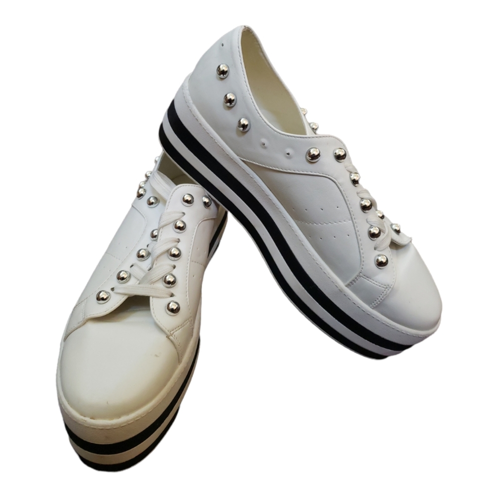Weeboo Black and White Metallic Studded Platform Shoes 8